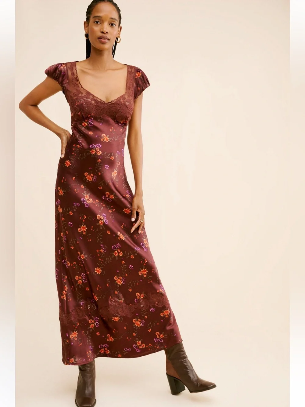 Free People Butterfly Babe Burgundy Floral Lace-Trim Maxi Dress